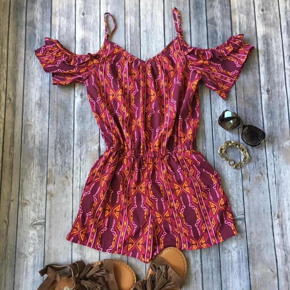 Boho Short Romper Junior Women XS Jumpsuit Tribal Cold Shoulder 1 Piece Coverup - Picture 2 of 6